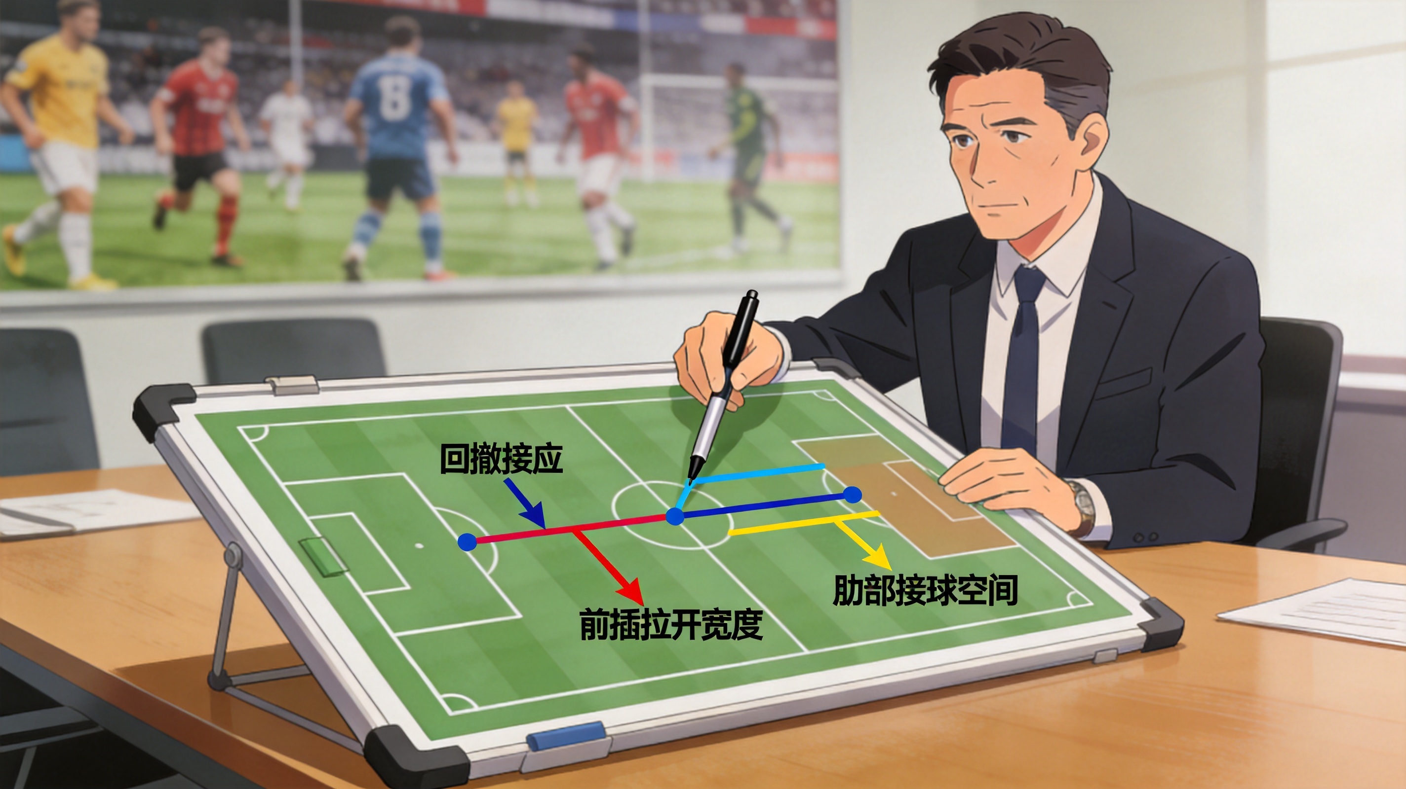 足球战术板与中场传球线路分析示意画面